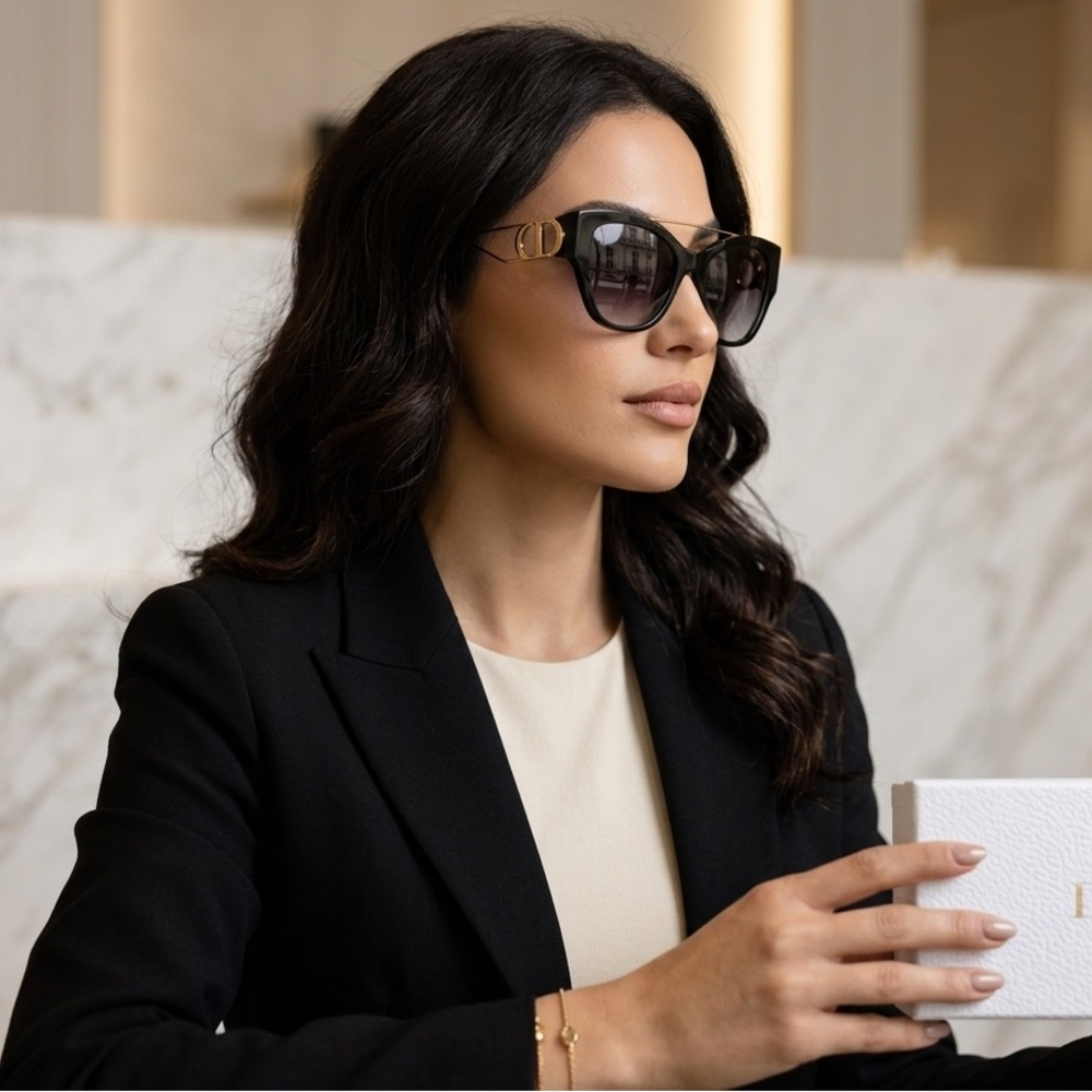 Authentic Doir Black Cat-Eye Women's Sunglasses - Gold Accent 30 Montaigne